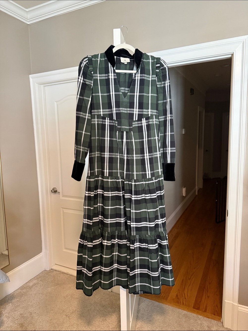 Tuckernuck Green Plaid Velvet-Trim Tiered Midi Dress